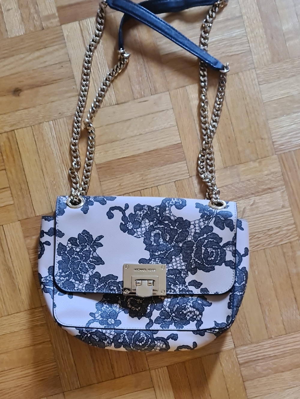 Michael Kors White and Navy Floral Lace-Print Chain Crossbody
